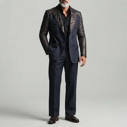 Men's Fashion Peak Lapel Double Breasted Quilted PU Leather Contrast Spliced Denim Blazer