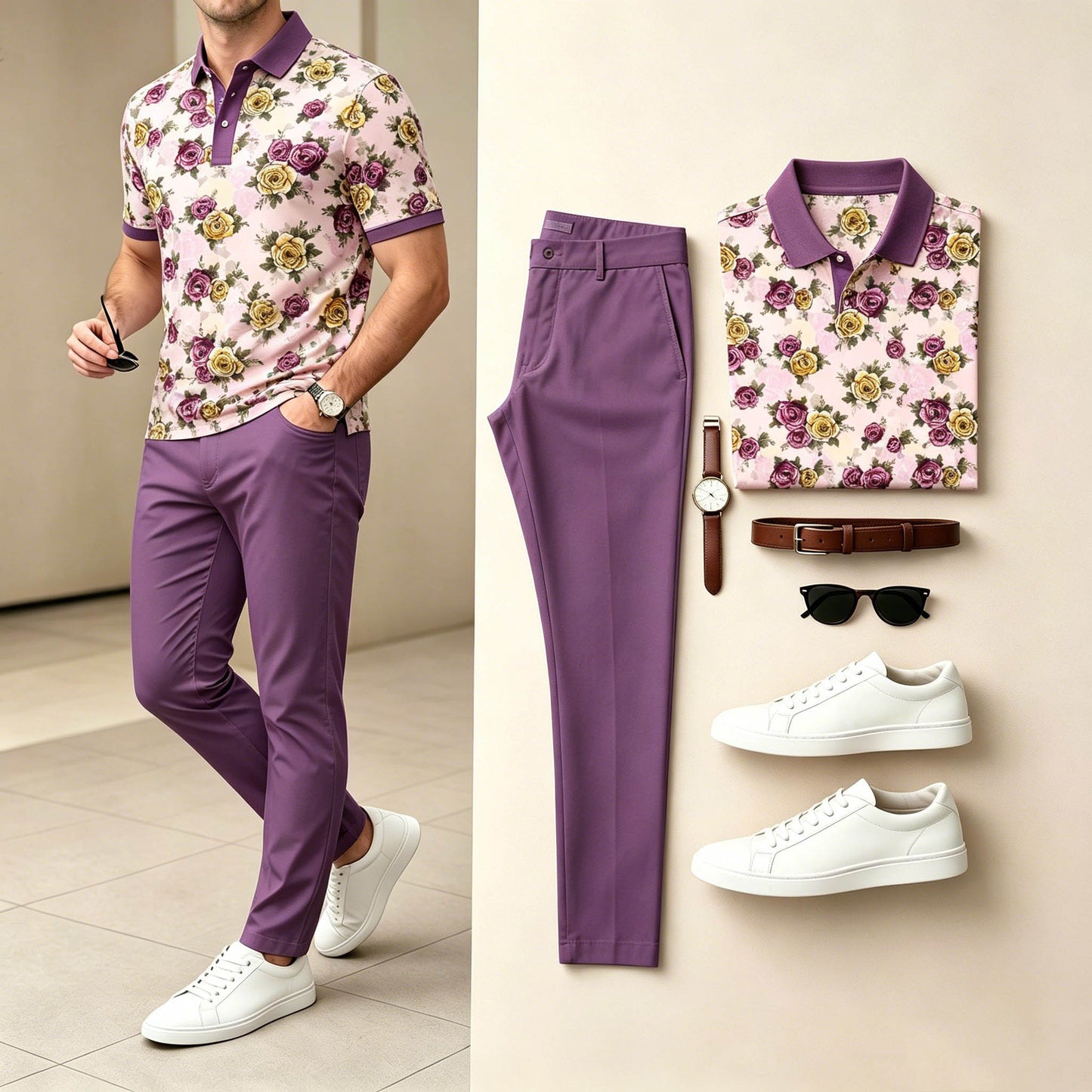 Men's Casual Purple Color Matching Floral Printed Short Sleeves Polo Shirt & Pants Two-Piece Set