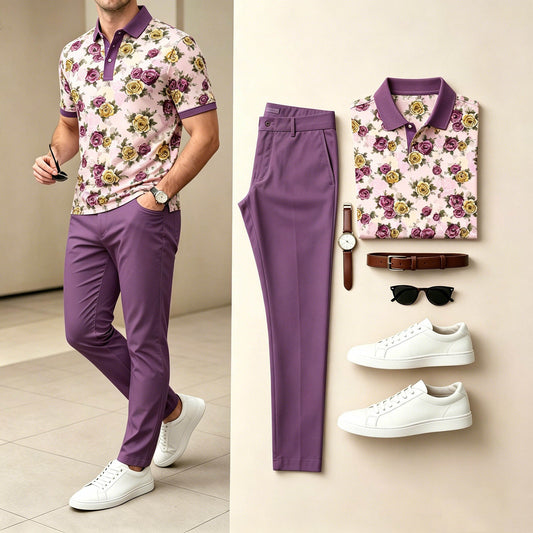 Men's Casual Purple Color Matching Floral Printed Short Sleeves Polo Shirt & Pants Two-Piece Set