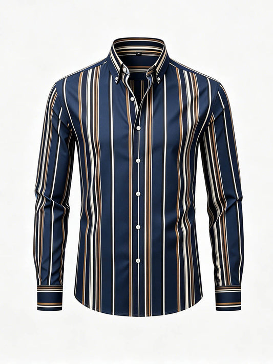 Men's Navy Blue Color Matching Striped Printed Long Sleeve Shirt