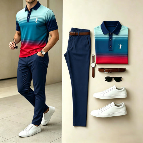 Men's Casual Navy Teal Red Gradient Printed Polo Shirt & Pants Two-Piece Set