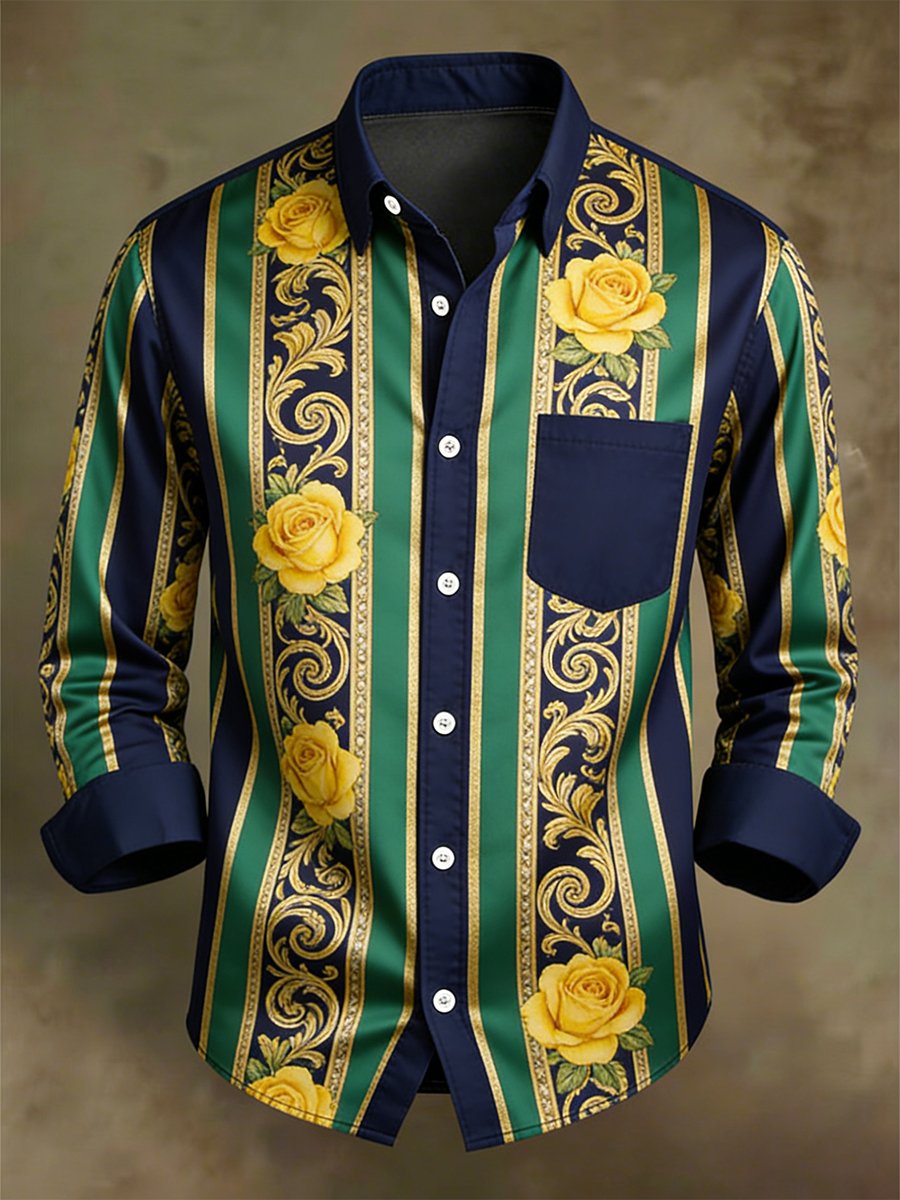 Men's Retro Business Casual Baroque Rose Striped Long-Sleeved Shirt