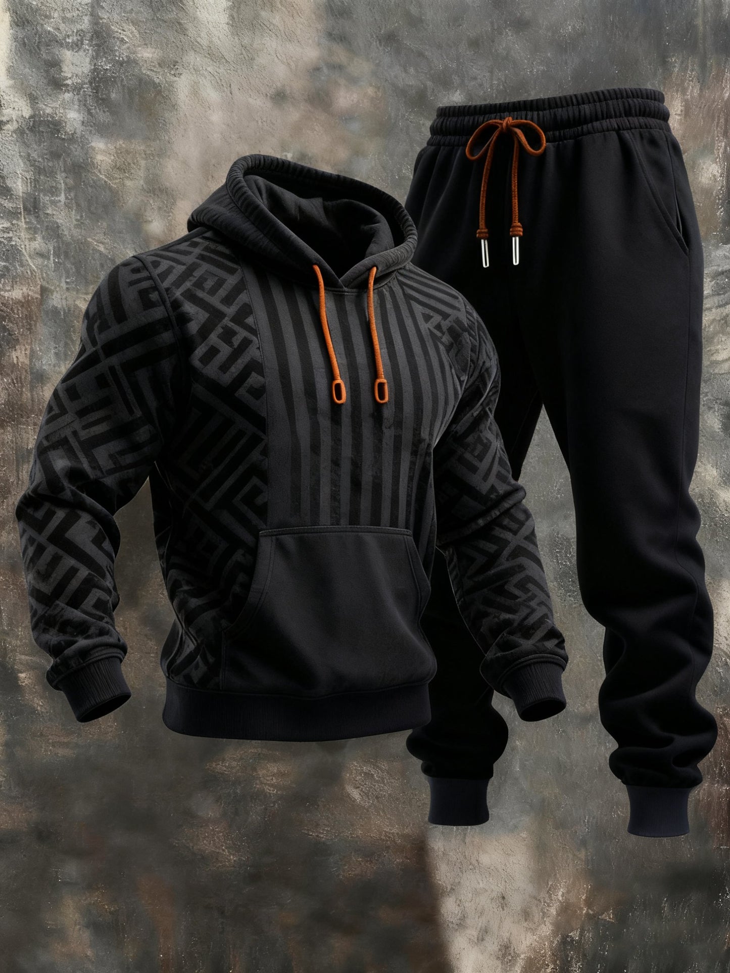 Men's Retro Stitching Contrast Color Hooded Casual Sweatshirt Suit
