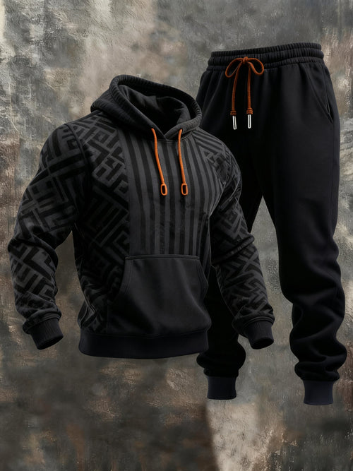 Men's Retro Stitching Contrast Color Hooded Casual Sweatshirt Suit