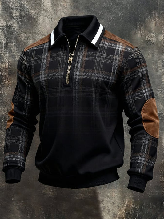Men's Retro Color Block Print Zipper Sweatshirt