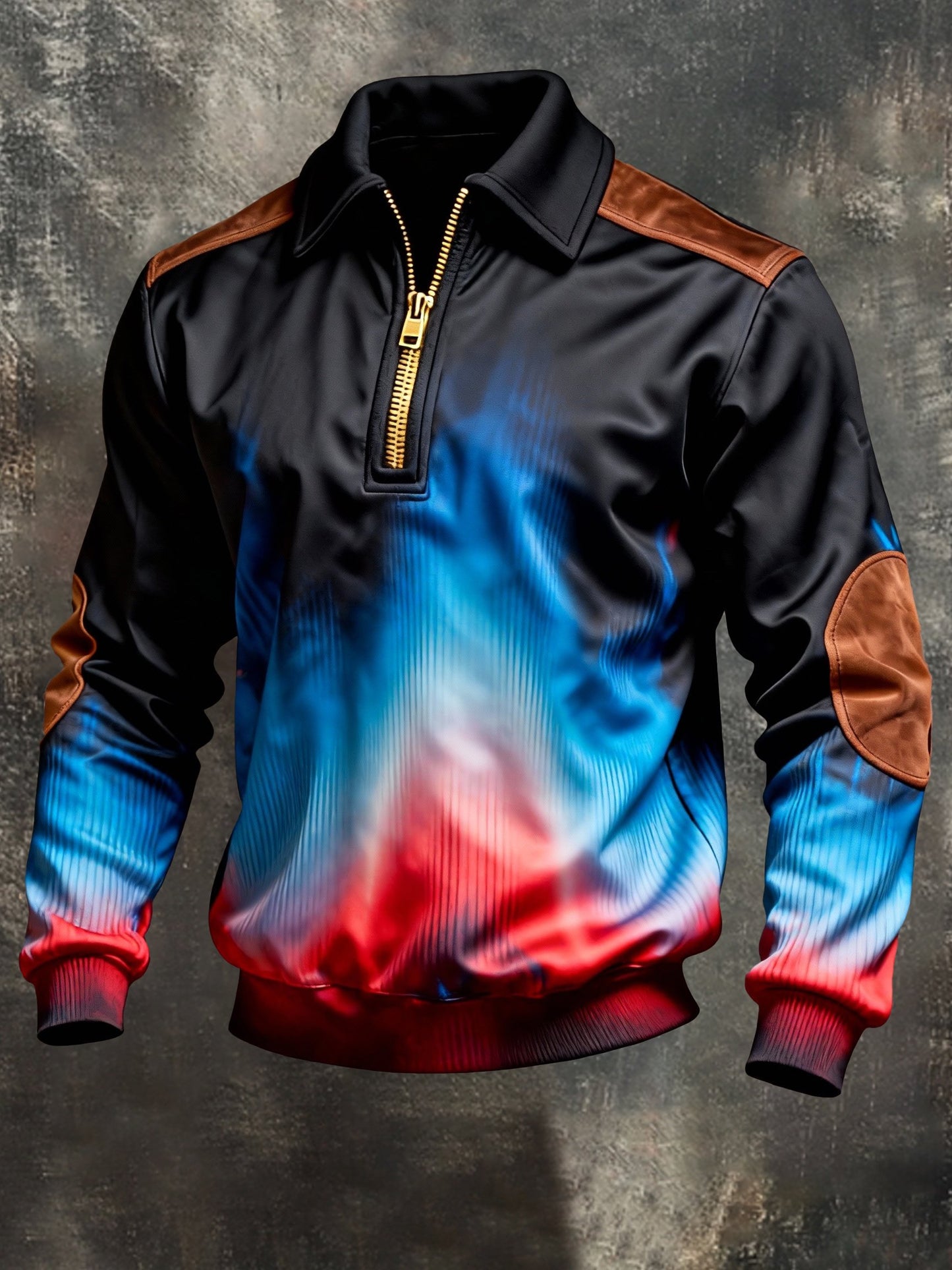 Men's Vintage Color-Block Printed Zip-Up Hoodie