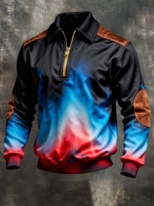 Men's Vintage Color-Block Printed Zip-Up Hoodie