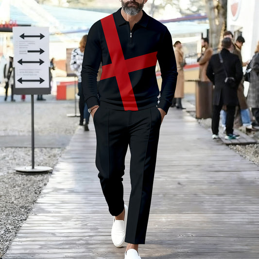 Men's Casual Color Matching Printed Polo-Collar Zipper Long Sleeved Trousers Two-Piece Set