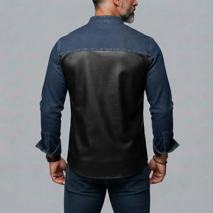 Men's Denim PU Leather Patchwork Stand Collar Half Zip Chest Pocket Slim Fit Shirt