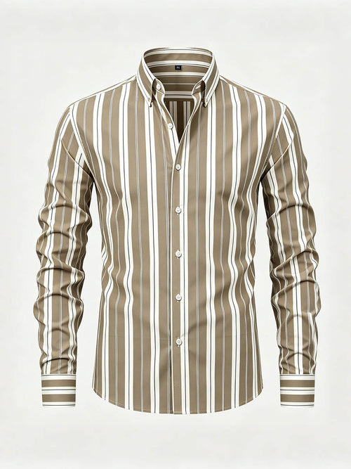 Men's Khaki & White Color Matching Striped Printed Long Sleeve Shirt