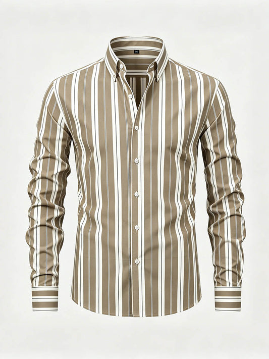Men's Khaki & White Color Matching Striped Printed Long Sleeve Shirt