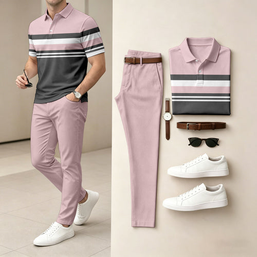 Men's Color-Blocked Short-Sleeve Polo Shirt and Pants Set