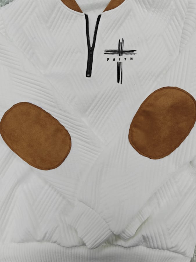 Men's retro Faith design jacquard fabric zip-up collar sweatshirt