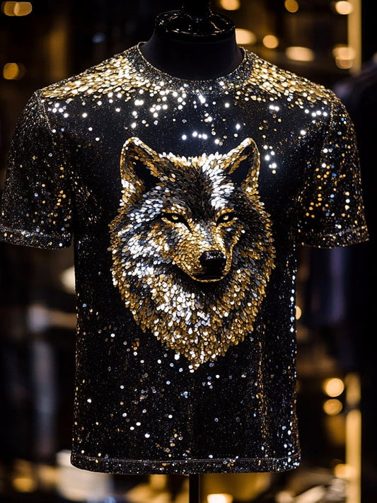 Men's Sequin Business Wolf Print Short Sleeve T-Shirt