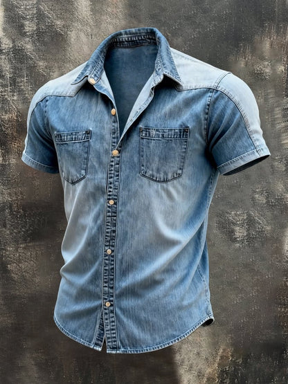 Men's Retro Color Block Denim Short-Sleeve Shirt