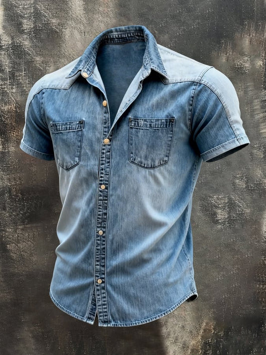 Men's Retro Color Block Denim Short-Sleeve Shirt