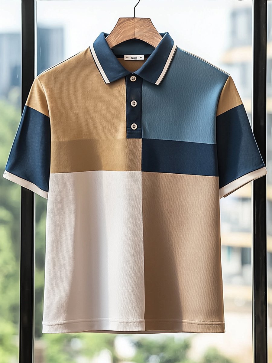 Men's Casual Business Polo Shirt Short Sleeve Button Down Striped Print Polo Shirt