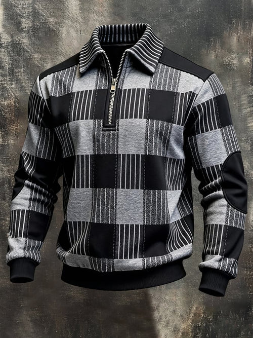 Men's Retro Color Block Print Color-Blocked Zip-Up Sweatshirt
