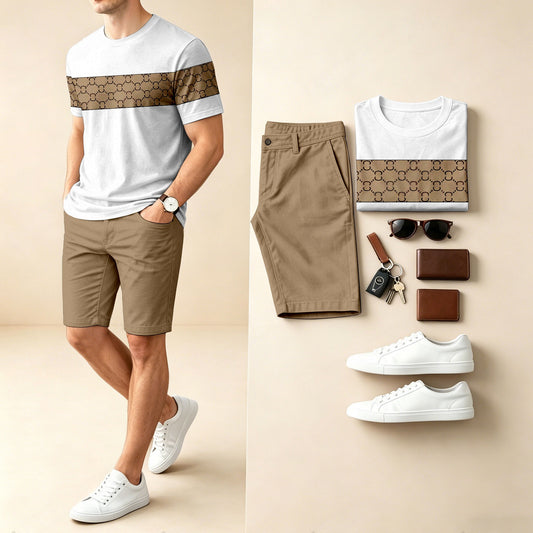 Men's Casual Color-Block Print Round-Neck Short-Sleeve T-Shirt And Shorts Two-Piece Set