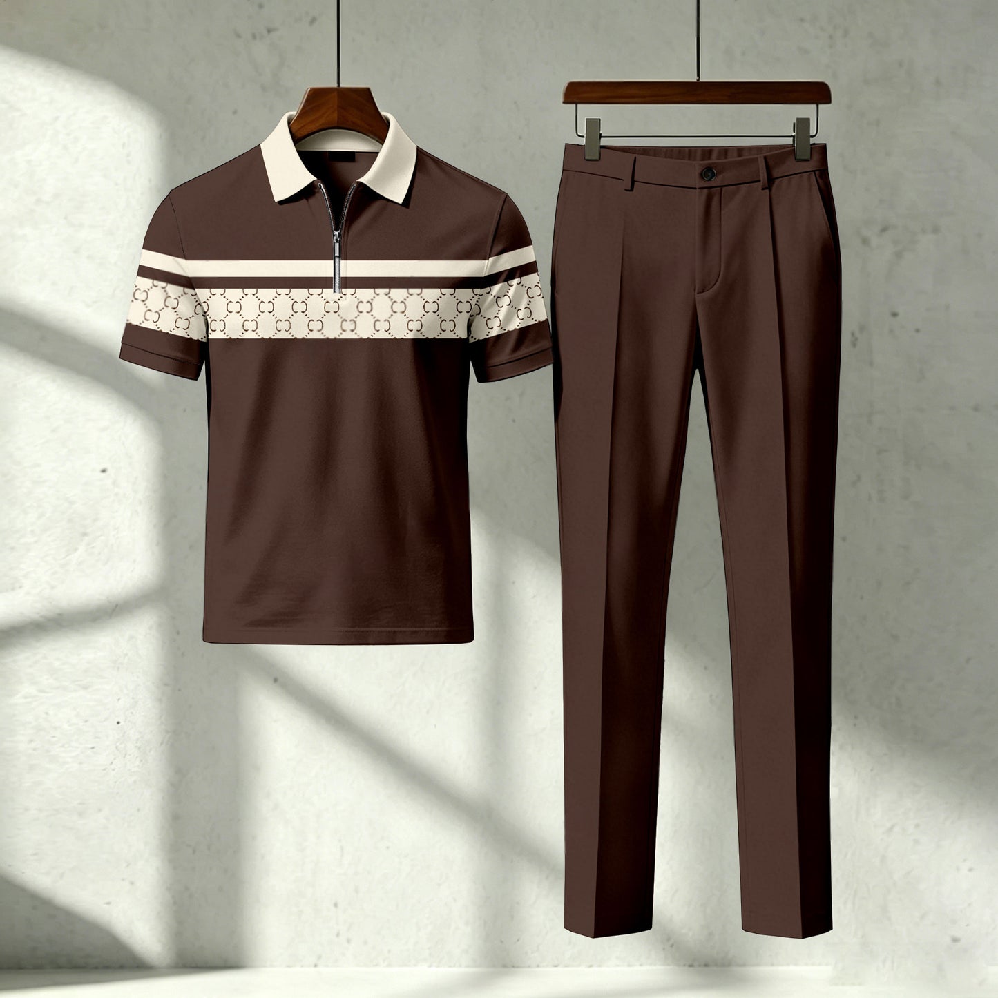 Men's Casual Brown Plaid Printed Polo Short-Sleeve T-Shirt And Pants Two-Piece Set