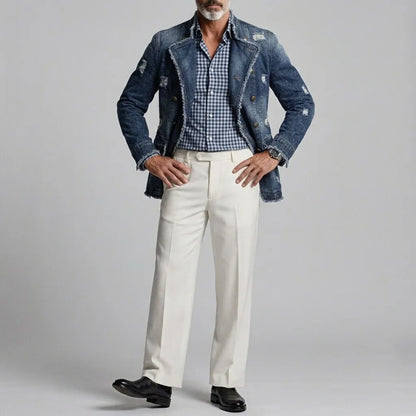 Men's Retro Ripped Frayed Edge Stand Collar Double-Breasted Denim Jacket