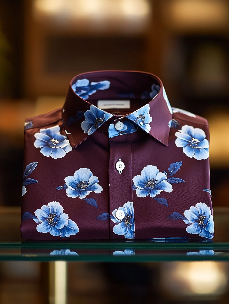 Men's Business Casual Camellia Floral Lapel Short Sleeve Shirt