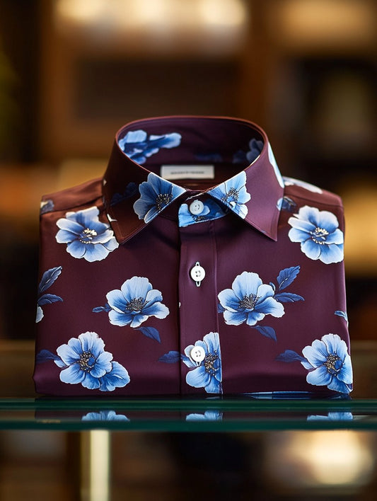 Men's Business Casual Camellia Floral Lapel Short Sleeve Shirt