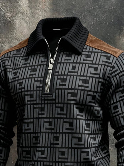 Men's Retro Color Block Print Color-Blocked Zip-Up Sweatshirt