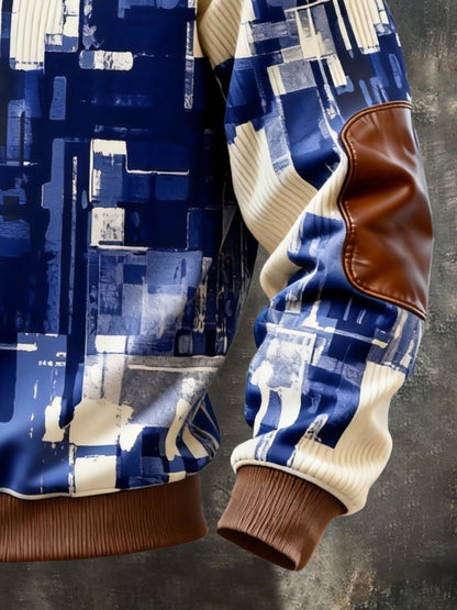 Men's Vintage Color-Block Printed Zip-Up Hoodie
