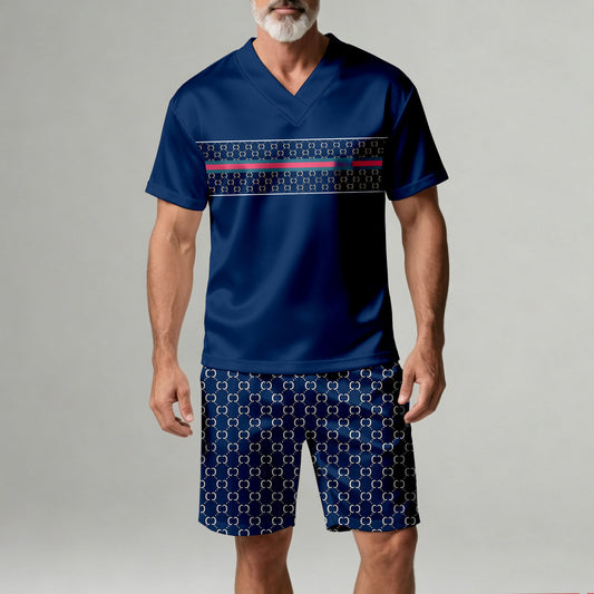 Men's Casual Navy Blue Geometric Print V-Neck Short-Sleeve T-Shirt And Shorts Two-Piece Set