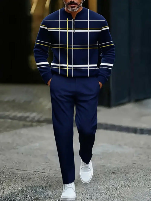 Men's Casual Navy Blue & White Color Matching Checked Printed Round-Neck Zipper Long Sleeved Trousers Two-Piece Set