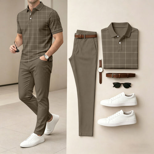 Men's Casual Brown Plaid Printed Polo Shirt And Pants Two-Piece Set