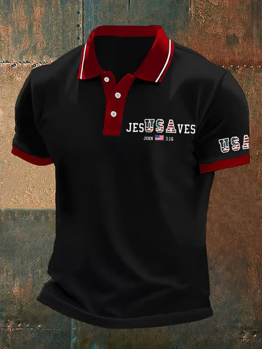 Men's Vintage USA Jesus Saves Printed POLO Shirt