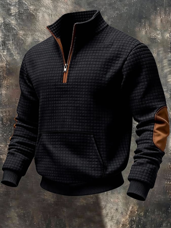 Men's Retro Jacquard Textured Patchwork Comfortable Color-Blocked Zip-Up Sweatshirt