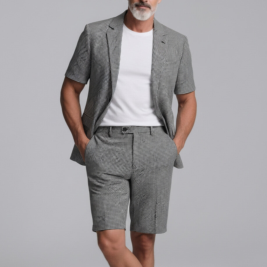 Men's Black Plaid Print Notched Lapel Short Sleeve Blazer & Shorts Business Casual 2Pcs Suit