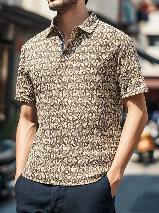 Men's Casual Business Geometric Print Button-Down Short Sleeve Polo Shirt