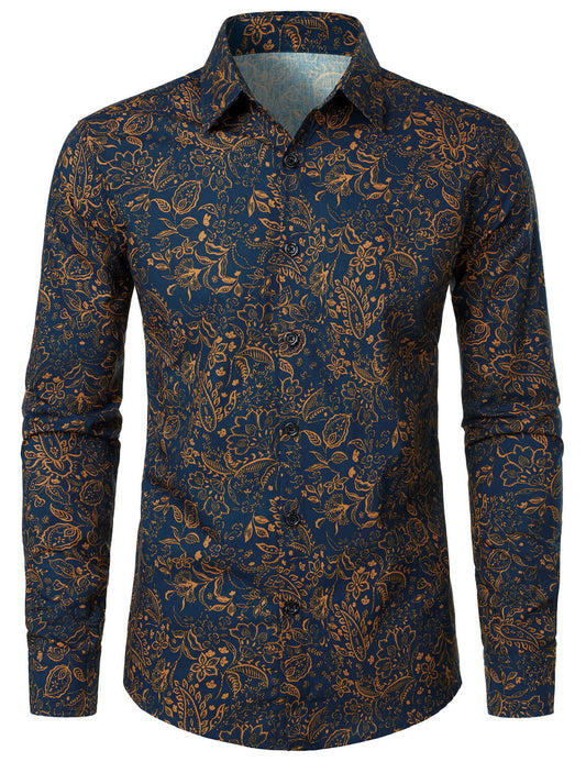 Men's Paisley Print Button Up Cotton Casual Long Sleeve Shirt