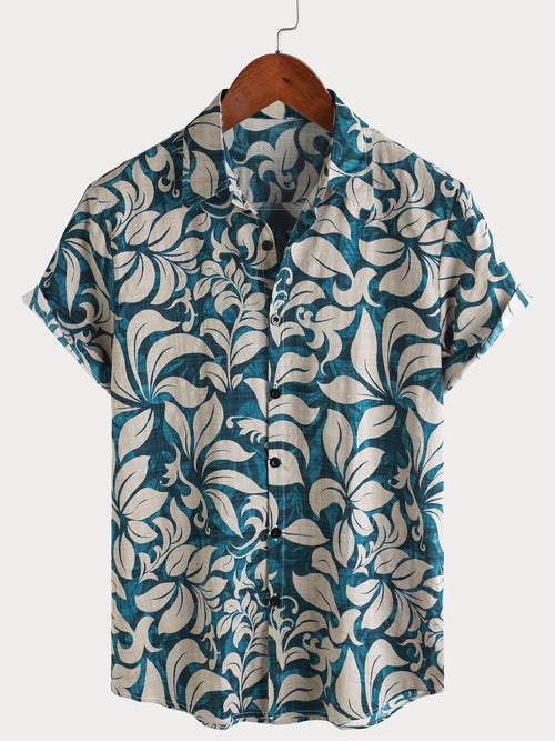 Men's Casual Vintage Holiday Floral Button Up Short Sleeve Shirt
