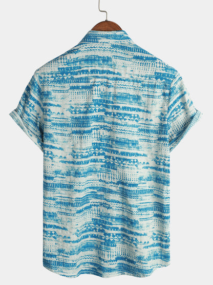 Men's Blue Vintage Pocket Holiday Summer Short Sleeve Button Shirt