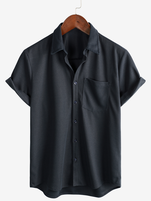 Men's Casual Waffle Short Sleeve Button Up Summer Loose Fit Beach Shirt
