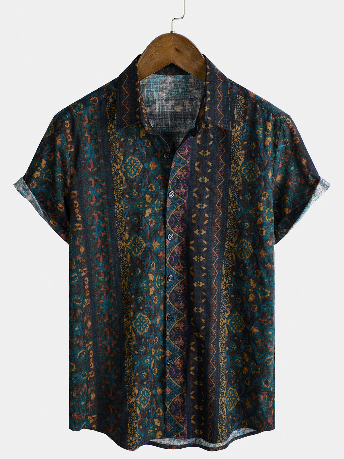 Men's Boho Retro Floral Print Striped Shirt