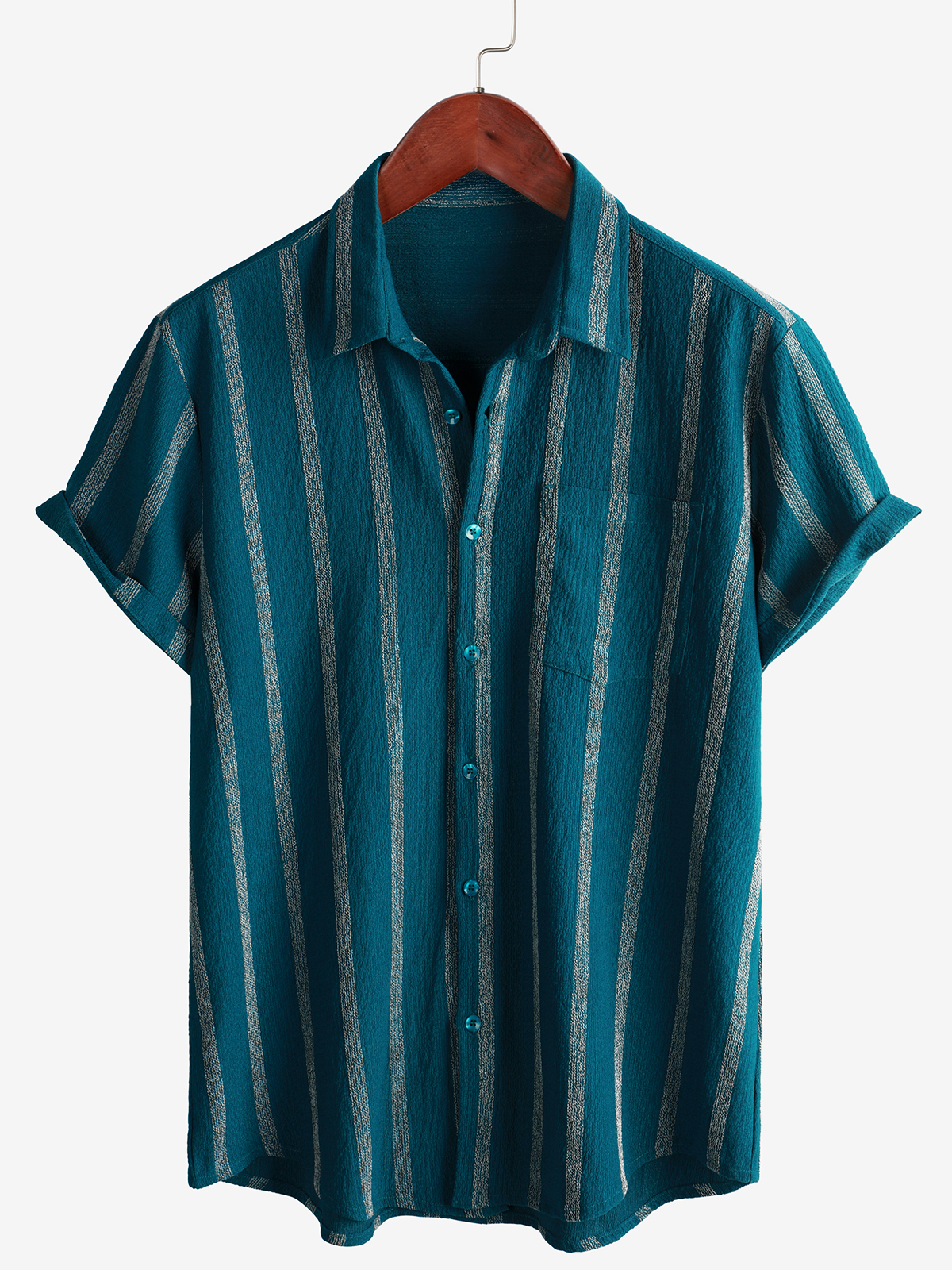Men's Summer Striped Pocket Button Up Short Sleeve Vintage Beach Hawaiian Shirt