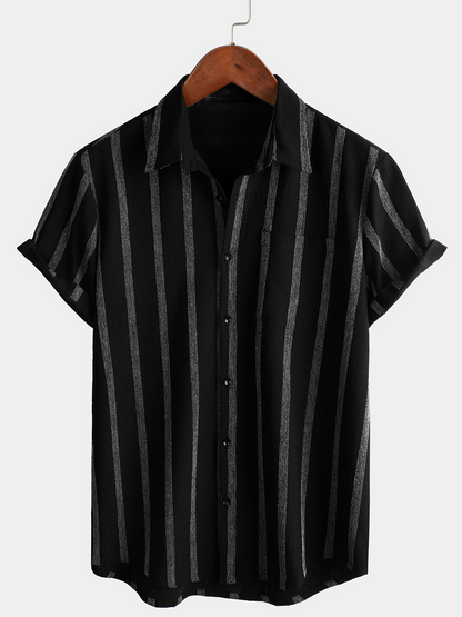 Men's Summer Striped Pocket Button Up Short Sleeve Vintage Beach Hawaiian Shirt