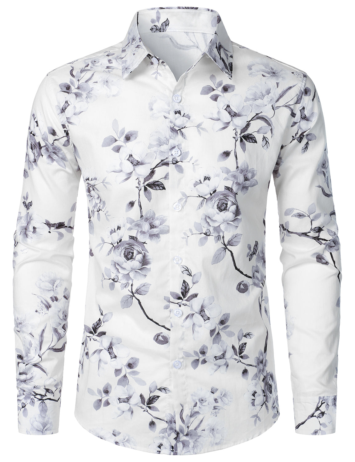Men's Floral Cotton White Long Sleeve Shirt