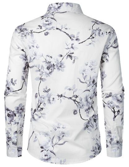 Men's Floral Cotton White Long Sleeve Shirt