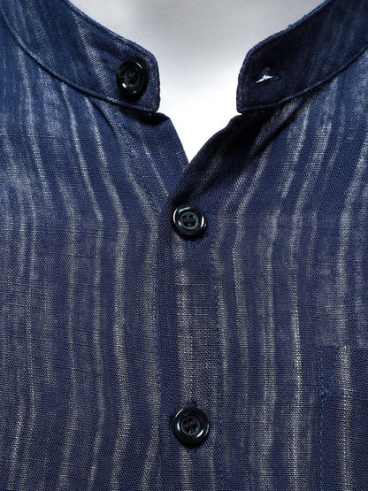 Men's Casual Breathable Pocket Long Sleeve Blue Striped Shirt