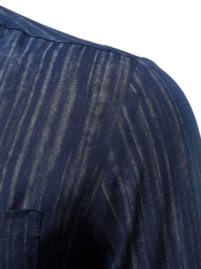 Men's Casual Breathable Pocket Long Sleeve Blue Striped Shirt