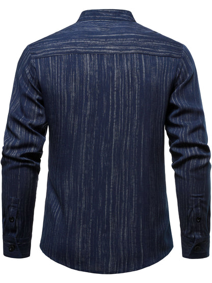 Men's Casual Breathable Pocket Long Sleeve Blue Striped Shirt