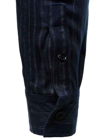 Men's Casual Breathable Pocket Long Sleeve Blue Striped Shirt