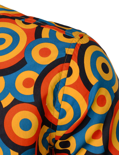 Men's Orange 70s Retro Button Up Vintage Geometric Circle Long Sleeve Shirt